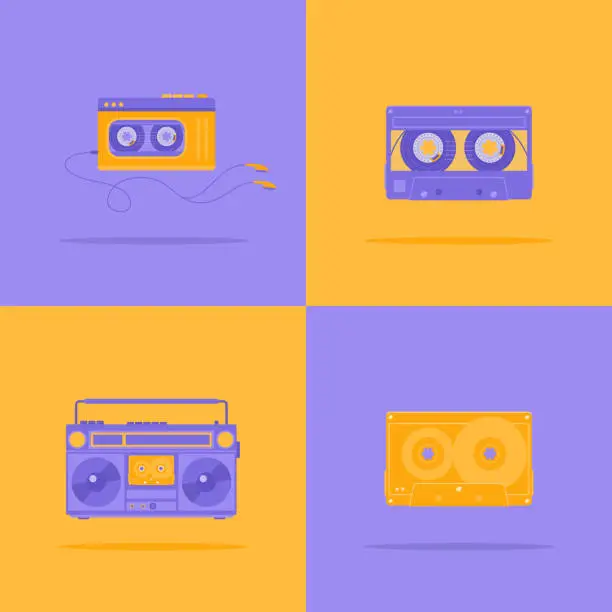 Vector illustration of A set of purple and yellow boombox, audio player and audio cassette. Flat vector illustration