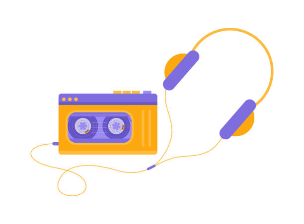 istock Yellow and purple retro audio player with headphones isolated on white background. Flat vector illustration 1939872808
