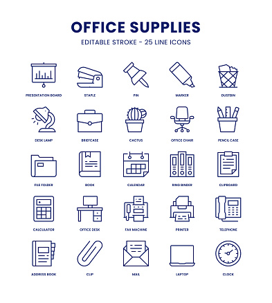 Office Supplies Editable Stroke Line Icon Set