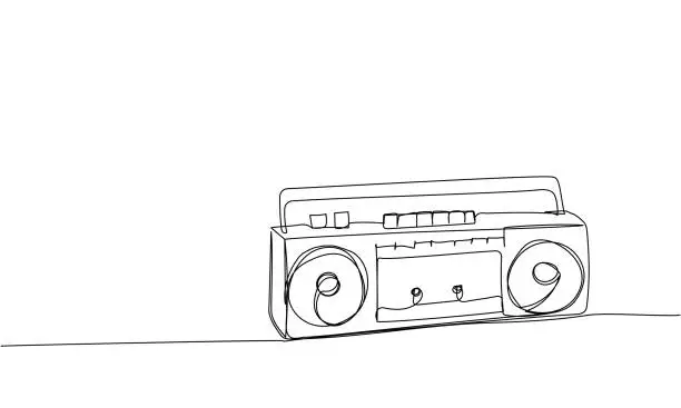 Vector illustration of Record player, tape recorder one line art. Continuous line drawing of tape, retro, cassette, vintage, hipster, music, compact, radio, audio, player, stereo, sound, boombox, 80s, disco, 90s