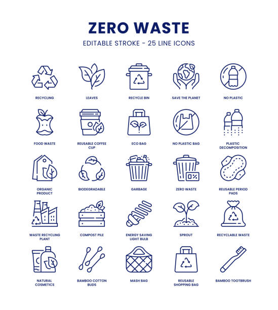 illustrazioni stock, clip art, cartoni animati e icone di tendenza di set di icone zero waste - simbolo-del-riciclaggio