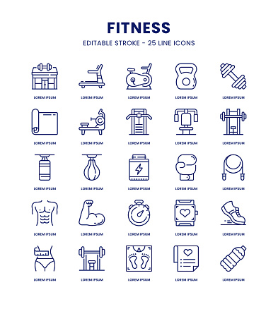 Fitness, Gym Editable Stroke Line Icon Set