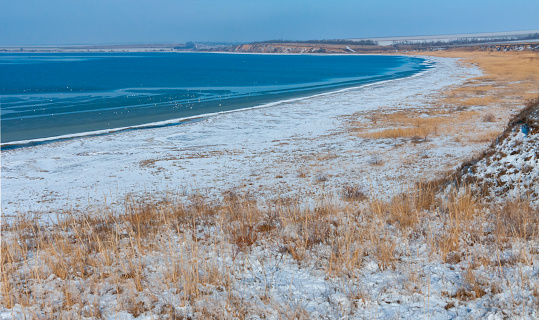 Winter landscape, Snow-covered shores and frozen Tiligul estuary, Ukraine