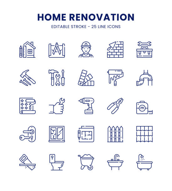 ilustrações, clipart, desenhos animados e ícones de home renovation icon set - home improvement drill house repairing