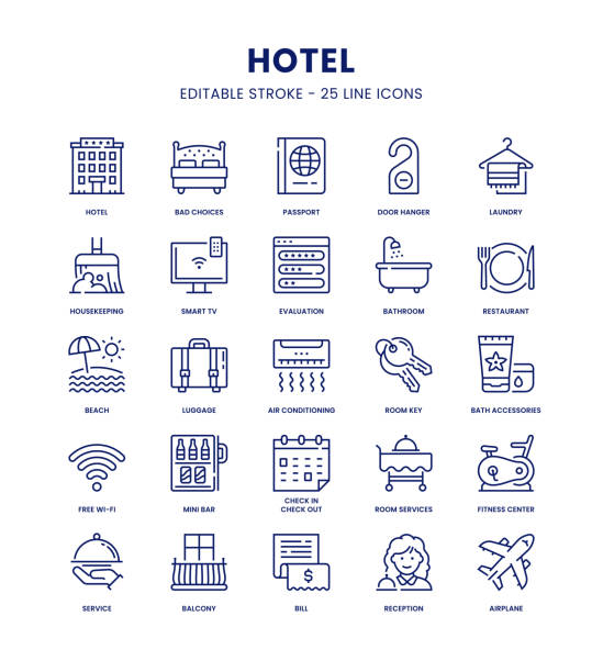 Hotel Icon Set Hotel Editable Stroke Line Icon Set smart tv stock illustrations