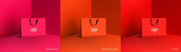 Vector illustration of Shopping paper bag. Mockup set of realistic shopping bag for branding and corporate identity design. Paper packaging template. For promotion, discount, sale concept. 3D vector isolated illustration.