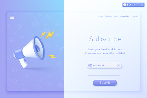 3D Subscribe to newsletter and promotions banner template. Invitation to join customer awareness. Email business marketing concept. 3D vector isolated illustration, Cartoon pastel Minimal style.