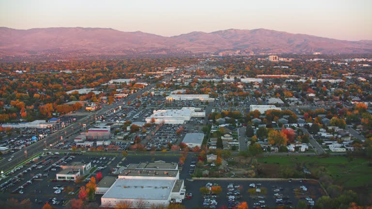 AERIAL West Boise neighborhood, Idaho at sunset