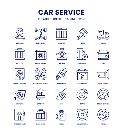 Car Service Editable Stroke Line Icon Set