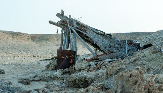 Old abandoned hut of Egyptian fishermen near the shore of the Red Sea, Egypt