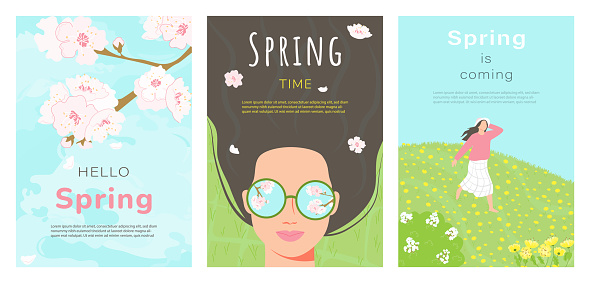 Set of spring flyers with beautiful flowers. A girl runs through a flower field, sakura blossoms, a woman with glasses lies on the grass and looks at the flowers