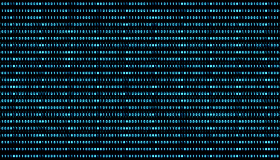 Digital binary code on the screen. Black screen with numbers. One an zero moving forward. Computer, software, binary string, science and technology.