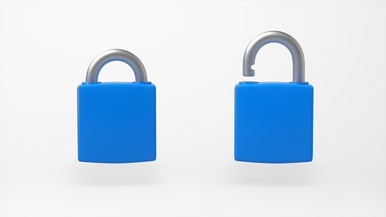 Blue Locked and Unlocked Padlocks Isolated Over White Background. Cartoon Minimalism Style. Security Concept. 3D Render Illustration.