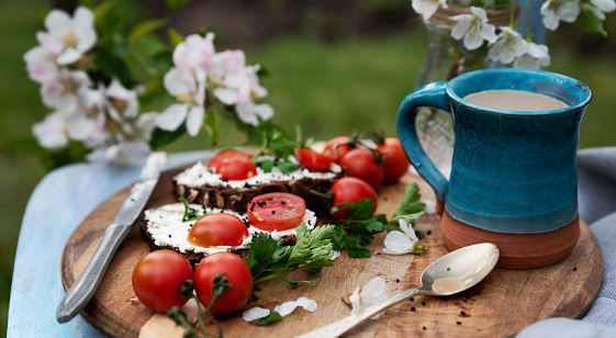 Healthy eating for breakfast on a board with sandwich with tomato and flower in bloom. Food and drink in a garden. Rural scene during lunch time. Close-up.