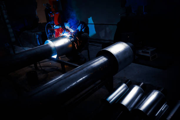 The welder works in the workshop with large-sized parts. Welding equipment and workwear.