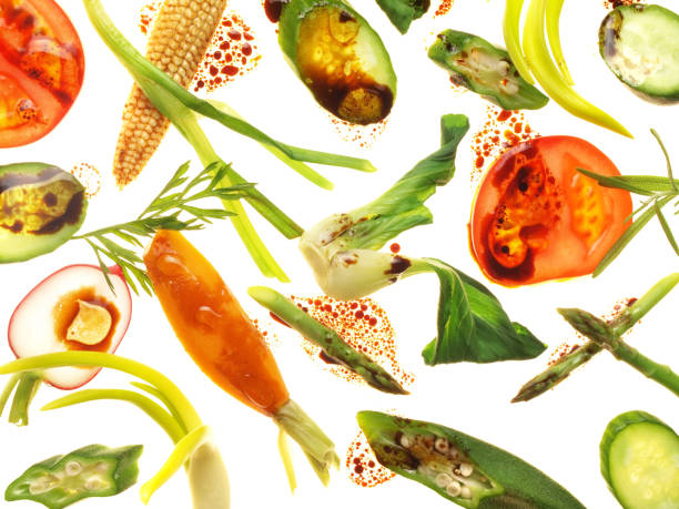 Various Fresh Young Vegetables with Oil and Vinagre on white Background