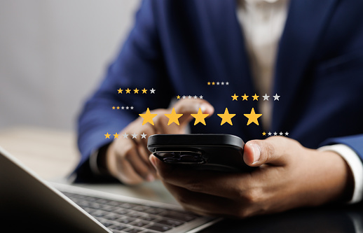 Online customer satisfaction Survey service concept, client rate service from experience in application,Consumer give five-Stars and feedback review for quality, Business reputation ranking from buyer