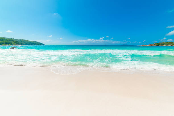White sand and turquoise water in Anse Lazio beach. Praslin island, Seychelles