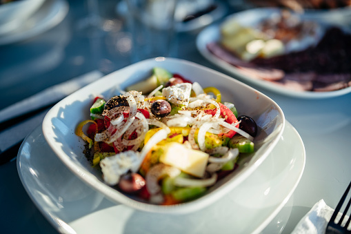 A delicious looking Greek salad served for lunch.