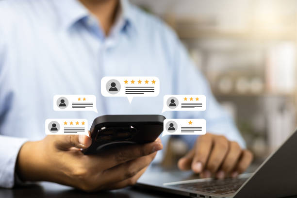 istock Online customer satisfaction Survey service concept, client rate service from experience in application,Consumer give five-Stars and feedback review for quality, Business reputation ranking from buyer 1939930726