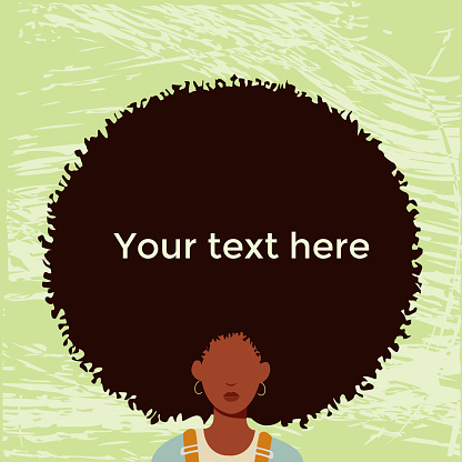 African portrait of the young beautiful black woman with curly hair. Template for banner, flyer, poster. Vector illustration afro hair with grunge background. Copy space.