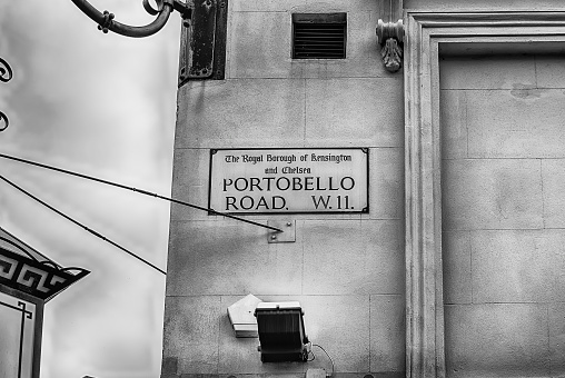 Portobello Road sign in the picturesque district of Notting Hill district, London, UK