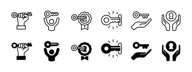 Key to success icon set. Hands holding key. Key to success in business. Vector illustration Key to success icon set. Hands holding key. Key to success in business. Vector illustration Key stock illustrations