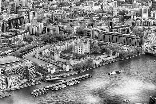 Scenic aerial view of the Tower of London, iconic Royal Palace and Fortress in England, UK