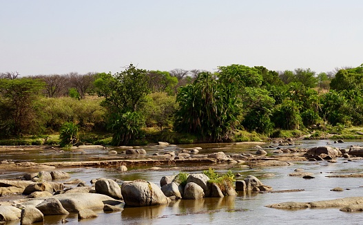african landscape, river and riverbanks, rocks, trees