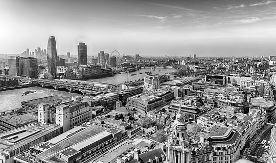 Scenic aerial view over the city skyline in central London, England, UK