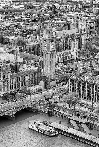 Aerial view of the river Thames with Westminster Bridge, the Big Ben and the Parliament, London, England, UK