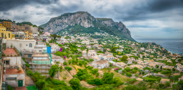 Panoramic view over Marina Grande, scenic main port of the island of Capri, Italy. Tilt-shift effect applied