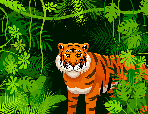 A powerful scene. A majestic tiger roars amidst the lush thicket of the jungle.