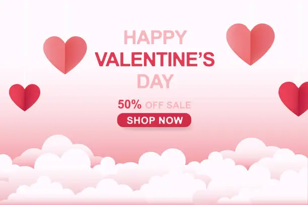 Vector illustration of Valentine's Day concept pink background. Red and pink paper hearts. Cute 50% off banner or greeting card. Vector illustration