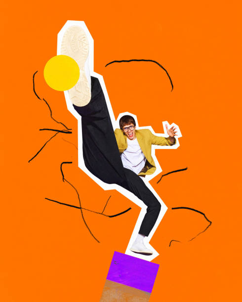 istock Contemporary art collage. Choreographed chaos. Young athletic man dressed official uncomfortable costume raised his long leg. Trendy magazine style. 1939983207