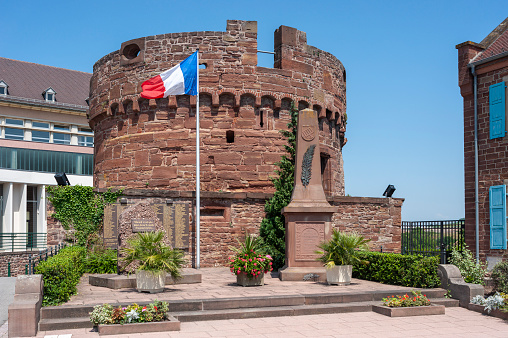 Wasselonne, France - July 06, 2022: Round Tower as part of former castle in Wasselonne. Department of Bas-Rhin in Alsace region of France