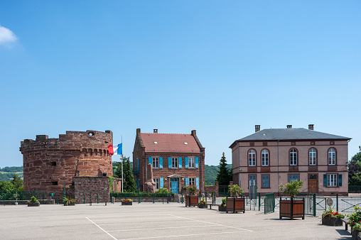 Wasselonne, France - July 06, 2022: Building ensemble with so-called Round Tower as part of former castle in Wasselonne. Department of Bas-Rhin in Alsace region of France