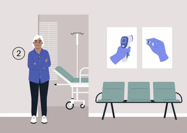 Vector illustration of An elderly individual patiently waits in the hospital corridor, anticipating their annual checkup