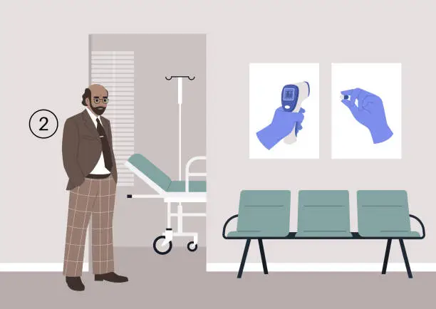 Vector illustration of An elderly individual patiently waits in the hospital corridor, anticipating their annual checkup