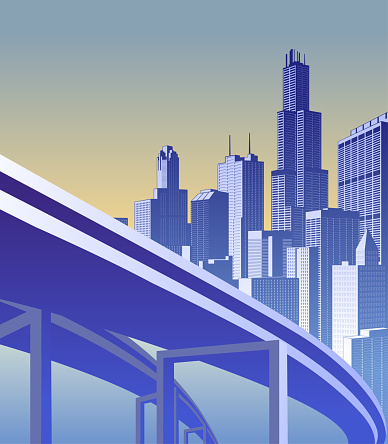 Highway overpass and city skyline in morning sun light. Urban modern and futuristic conceptual landscape. Vector illustration.