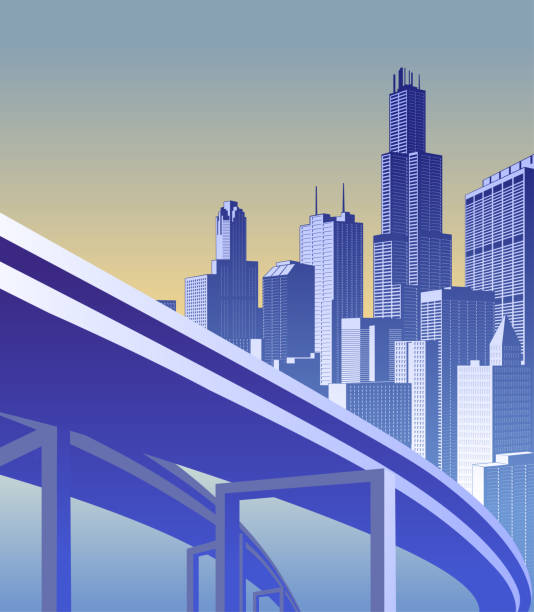Highway overpass and city skyline in morning sun light Highway overpass and city skyline in morning sun light. Urban modern and futuristic conceptual landscape. Vector illustration. bridge built structure stock illustrations