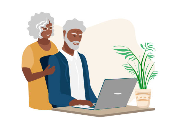 ilustraciones, imágenes clip art, dibujos animados e iconos de stock de elderly couple using laptop - esposo