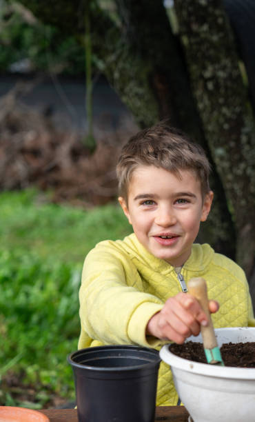 istock Laughing boy looking at camera while planting seeds in pots 1940047618