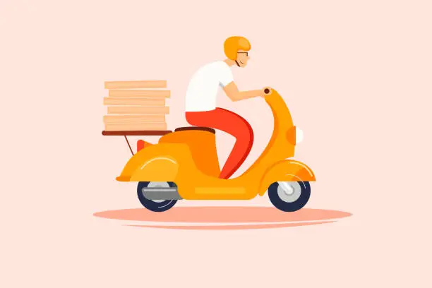 Vector illustration of A man on a scooter with a box of pizza on it. Delivery courier on a moped.