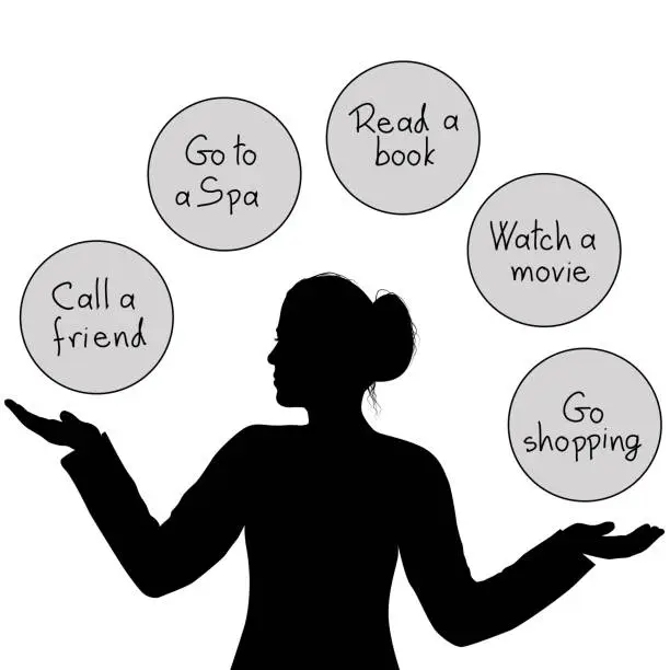 Vector illustration of Activities to spend free time. The silhouette of a woman who has more options to spend her free time