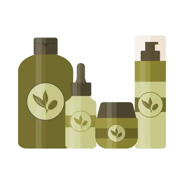 Vector illustration of Set of cosmetic products like cleansing foam, toner, face serum and cream. Bottles and tubes for beauty and skin care decorated with olive branch logo. Vector illustration