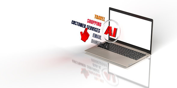 3D rendering laptop design with AI, travel, shopping, customer service, email, homework text on plain background with copy space. Futuristic digital chatbot. Transforming technology. Virtual assistant and CRM software. AI chatbot concept.