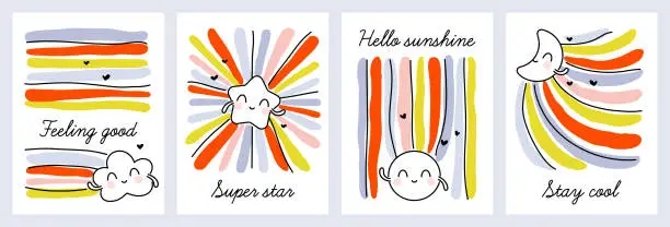 Vector illustration of Rainbow with smiling star sun moon and cloud. Kids designs set of cute characters. Multicolored vector illustrations collection for funny childrens greeting card or poster