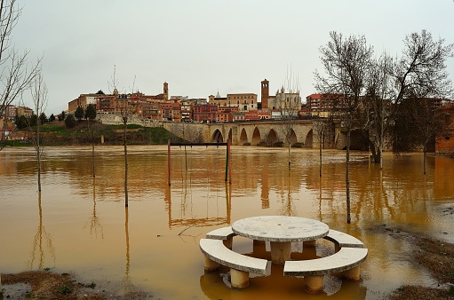 Flood of the Duero River as it passes through the Tordesillas Bridge
