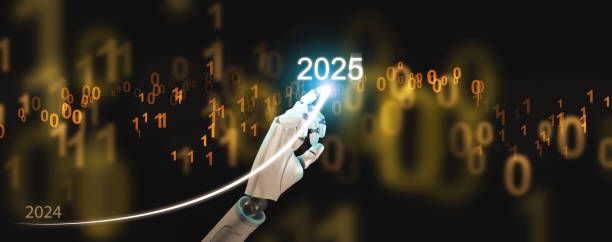 istock Happy new year 2025. Artificial intelligence, Ai, Robotic hand draws a rising curve, graph, from 2024 to 2025 reflecting the growth, success, and improvement throughout the technology journey. 1940073510